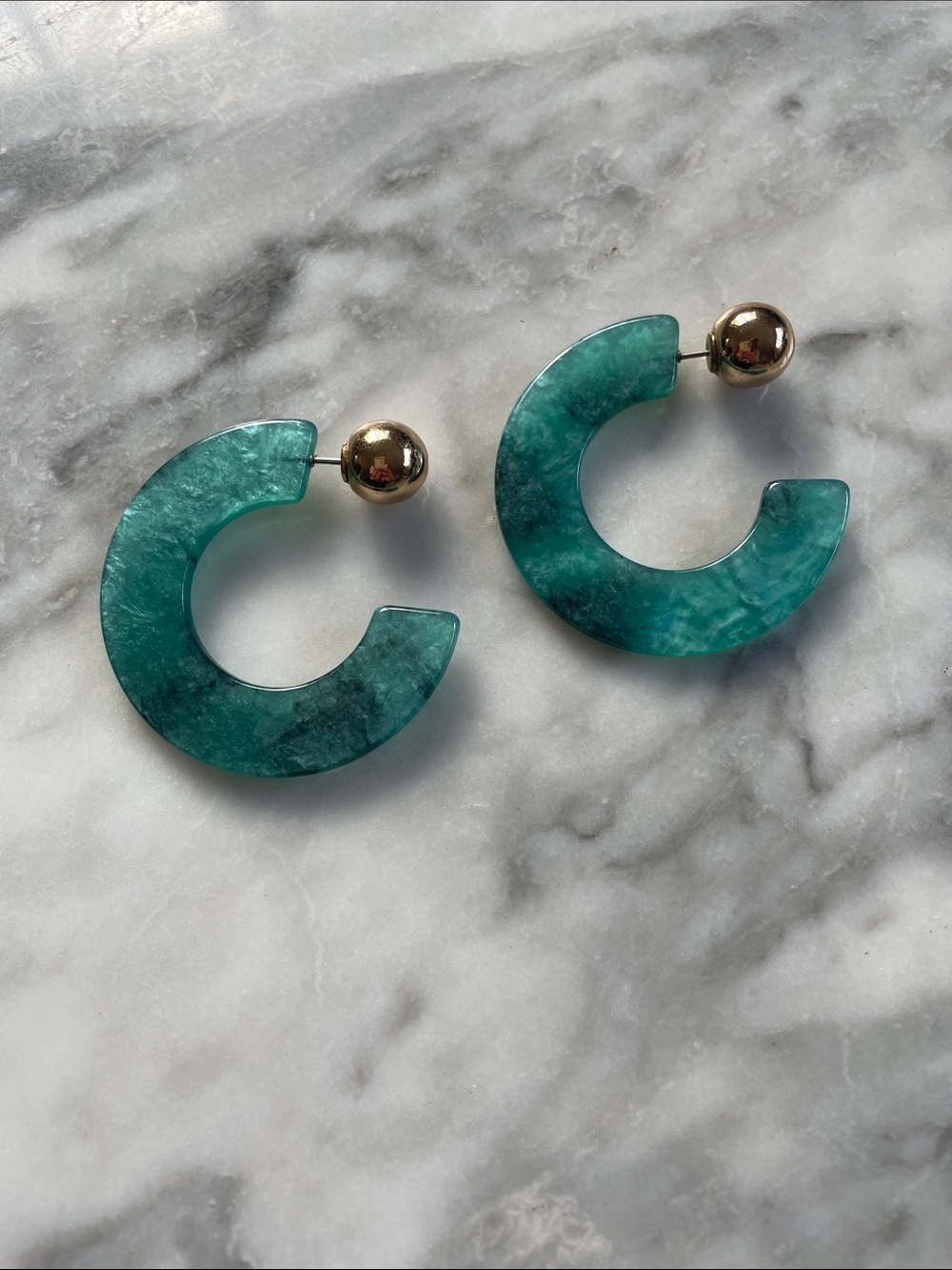 Banana Republic Teal Resin Hoop Earrings with Gold Ball Backs
